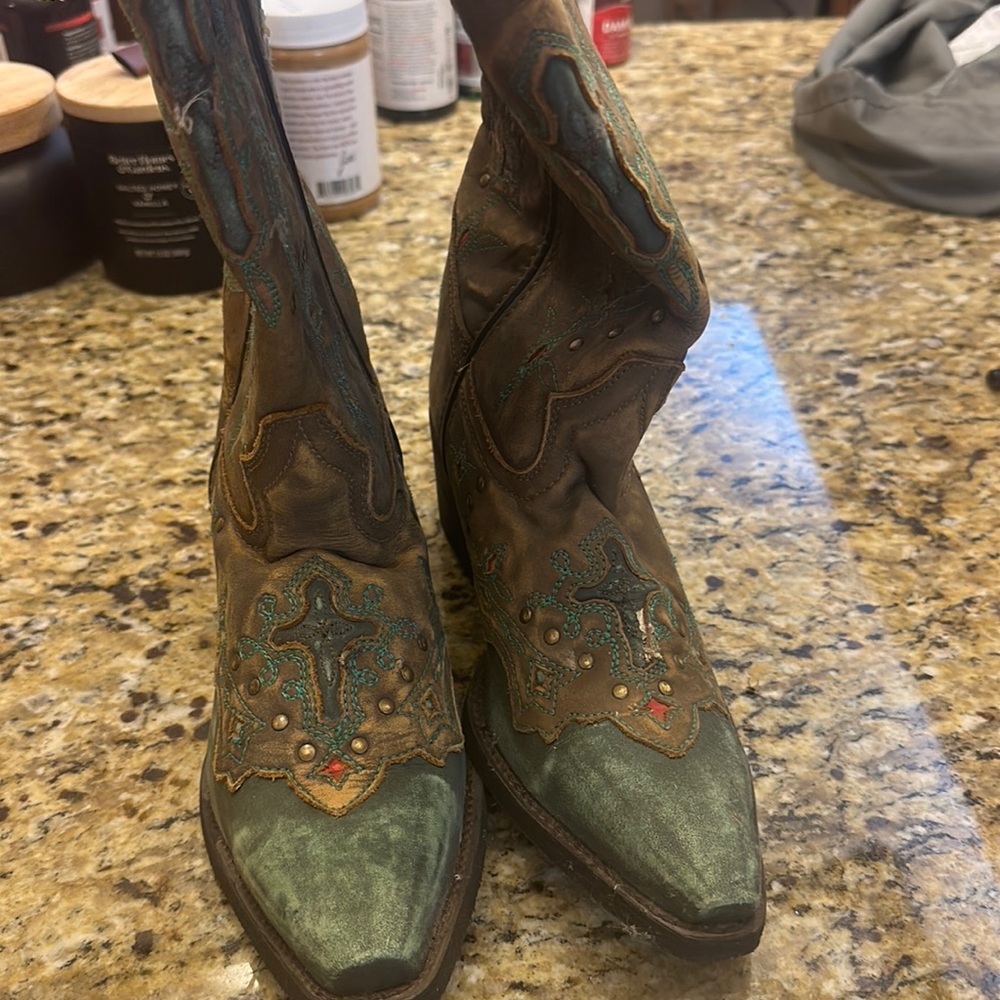 S. Loredo cowboy boots, 7.5 embellished detail, vintage brown leather,